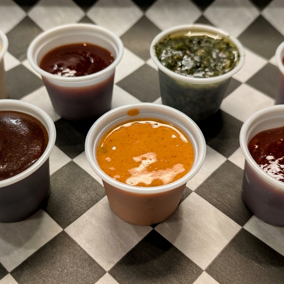 Seven small cups of assorted dipping sauces arranged on a black-and-white checkered table.