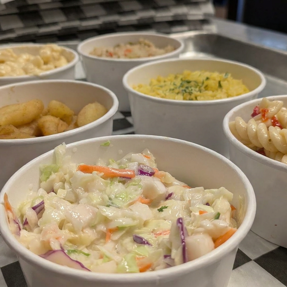 Tray holding five bowls of comfort food, including creamy coleslaw, spiral pasta, macaroni and cheese, and breaded potato bites.