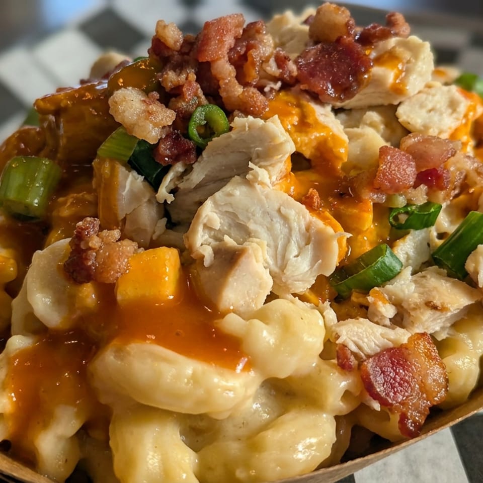 Loaded bowl of creamy macaroni and cheese topped with grilled chicken, bacon, green onions, and orange sauce.
