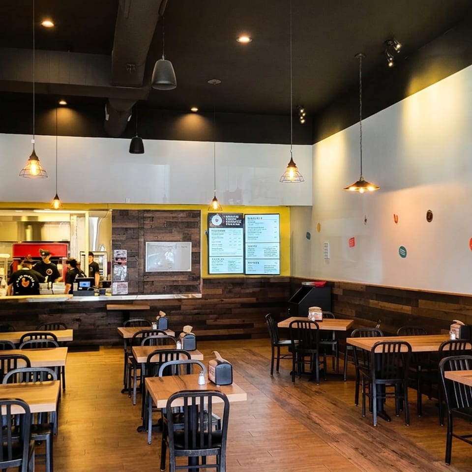 Modern casual restaurant dining room with wooden tables, black chairs, pendant lighting, wall menus, and an open kitchen counter.