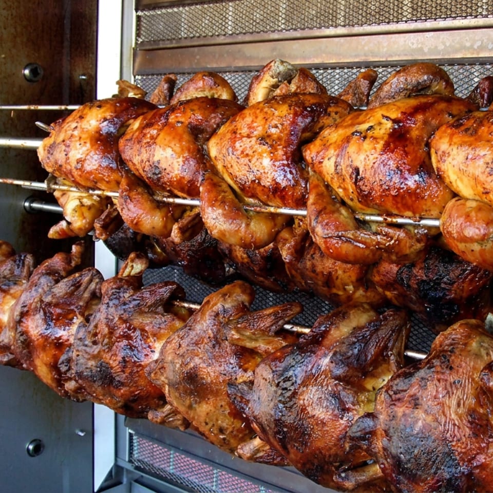 Rows of golden-brown roasted chickens turning on spits inside a commercial rotisserie oven.