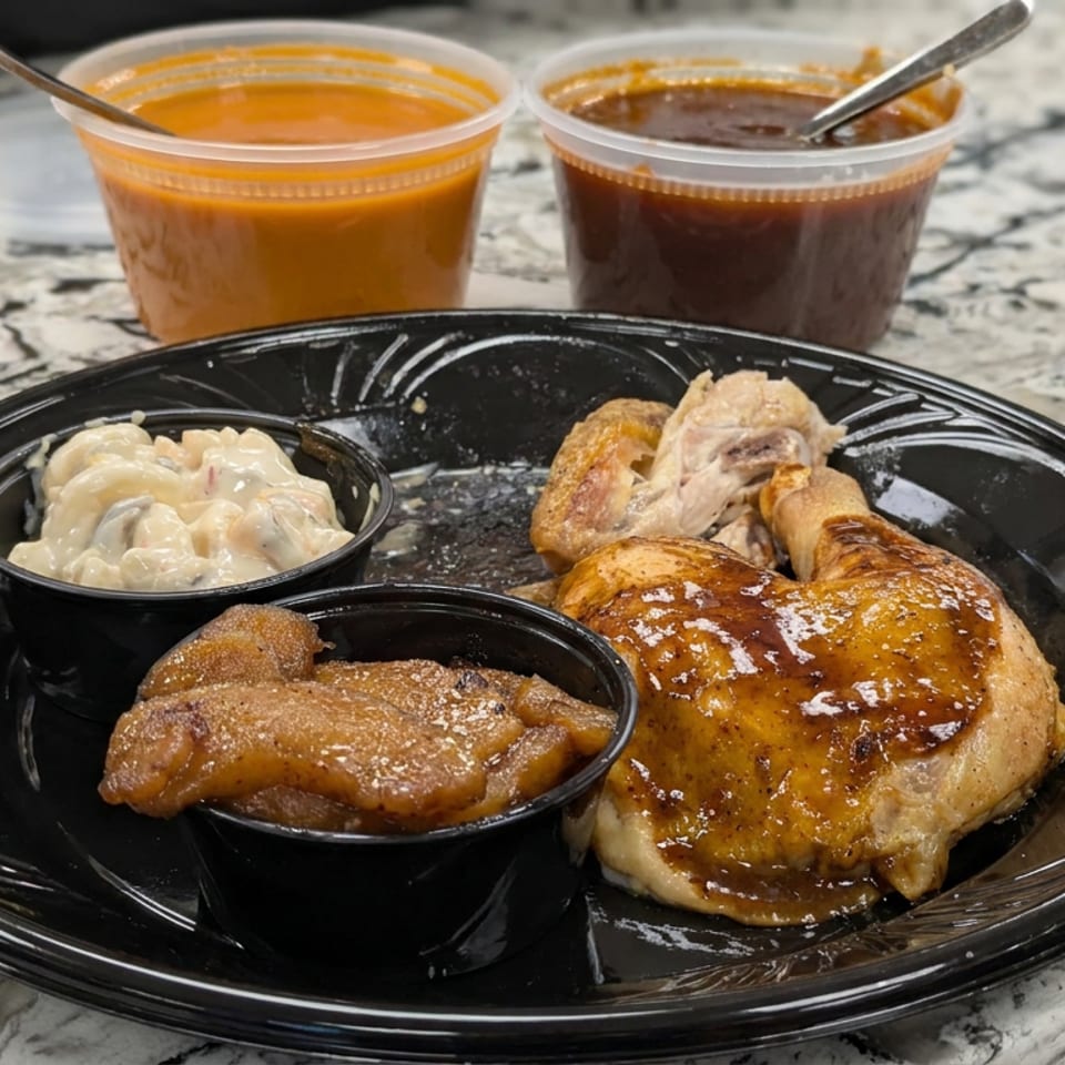 Black plate featuring glazed fried chicken, potato wedges, creamy side salad, and two cups of dipping sauce on a marble counter.