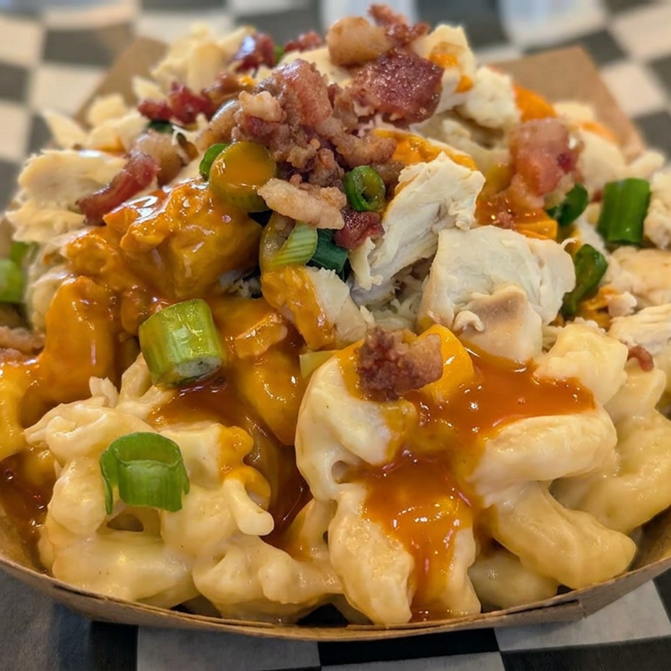 Loaded pasta bowl topped with orange sauce, shredded chicken, bacon, peas, and green onions on a checkered table.