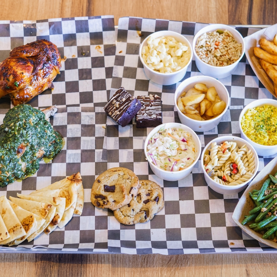 Assorted comfort foods arranged on a checkered-lined tray, including roasted chicken, green-coated entrée, pasta, sides, fries, bread, and cookies.
