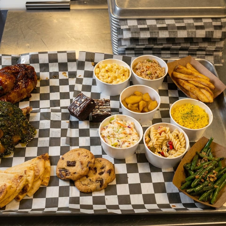Restaurant tray featuring roasted chicken, barbecue meat, fries, pita wedges, pasta and vegetable sides, macaroni, and chocolate-chip cookies.