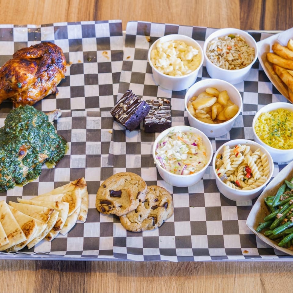 Restaurant tray featuring roasted chicken, green-coated chicken, fries, pita wedges, side dishes, green beans, brownies, and cookies.